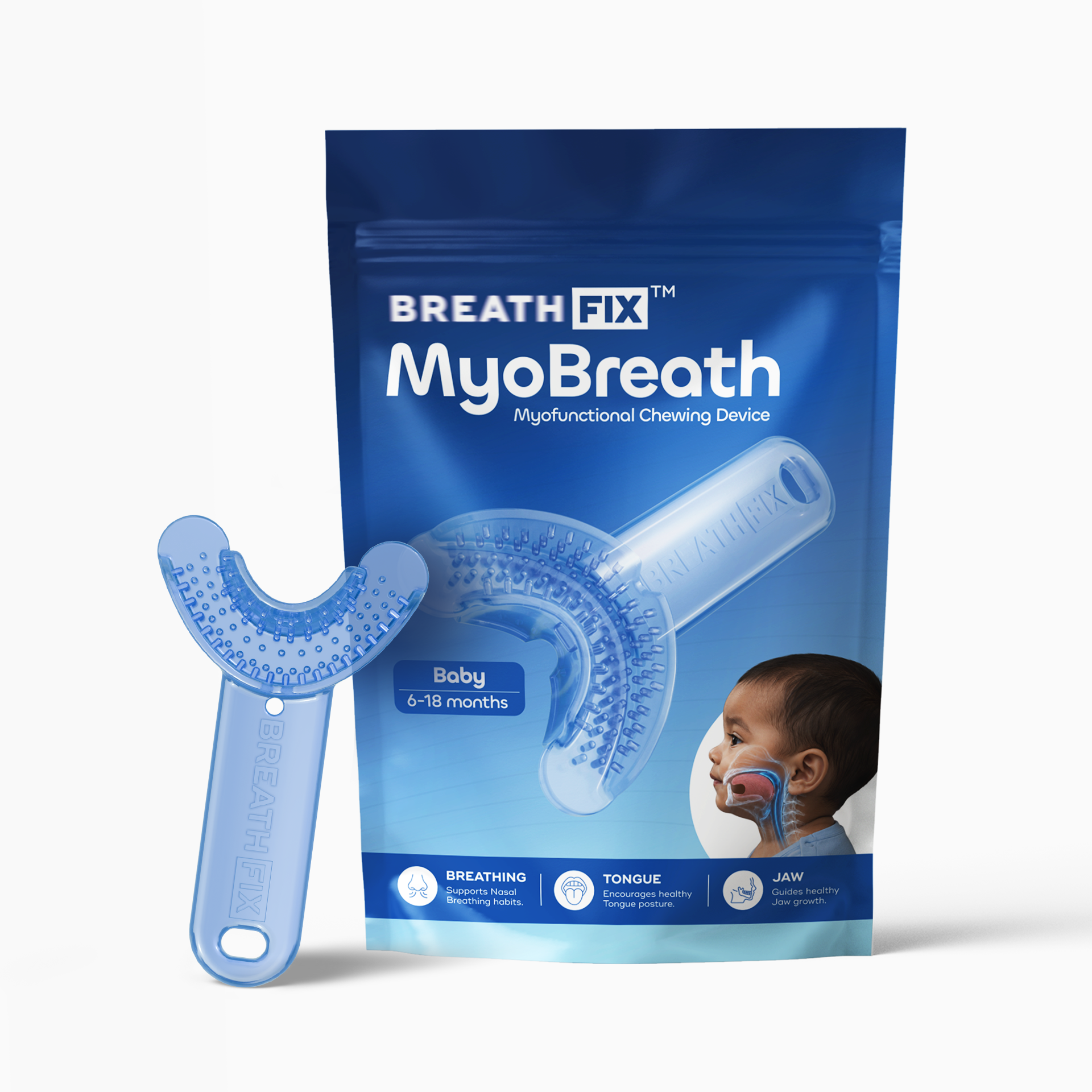 A Breath FX MyoBreath baby jaw training device shown in front of its blue retail packaging pouch on a clean white background.